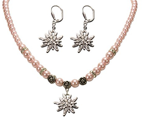 Alpenflüstern Trachtenschmuck-Set Perlen-Trachtenkette und Trachten-Ohrhänger Strass-Edelweiß - Damen-Trachten-Schmuck, Trachtenset Dirndl-Kette und Trachten-Ohrringe rosé-rosa SET005