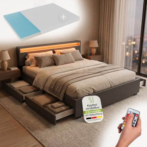 Juskys Polsterbett Lyon 180x200 cm mit Matratze, Bettkasten, LED Beleuchtung, Lattenrost & Kopfteil, grau, Bett Bettgestell Doppelbett Ehebett