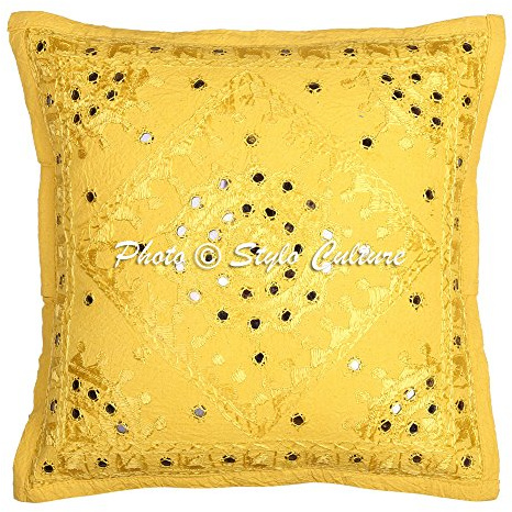Stylo Culture Bohemio Fundas De Almohadones Decorativa 40x40 cm Algodón Espejado Forros para Cojines Sofa Amarillo 16x16 Inch Bordado Cuadrado sobre Fundas Cojines Dormitorio - 1 Pc