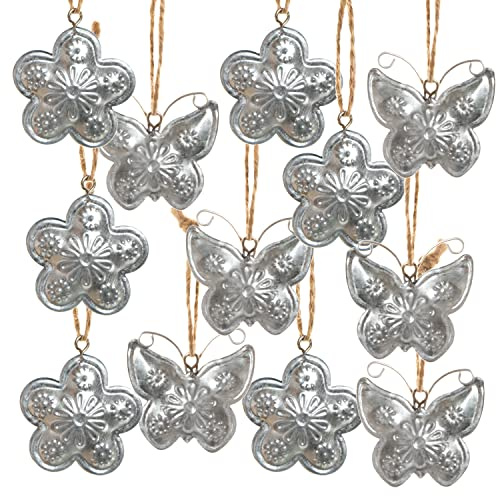 Logbuch-Verlag Osteranhänger, 12er Set: Frühlings-Anhänger aus Metall, Schmetterlinge & Blumen, Frühlingsdeko für Ostern & Hochzeit, Osterschmuck für Osterstrauch, Silberfarbene Geschenkanhänger, 4 cm