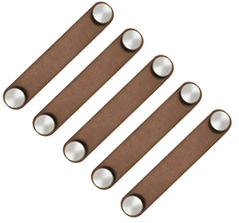 POFET 5 tiradores nórdicos de piel sintética suave para puerta de armario, cajón y accesorios para muebles (26 x 140 mm), color marrón