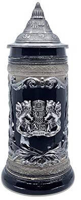 0.6 Liter | OktoberfestHaus Beer Stein Mug German Bayern Lion Coat Of Arms Bier Krug with Metal Emblem On Charcoal Black Ceramic Tankard Stein With Lid