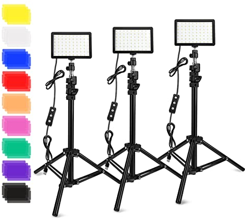 3 Packs 70 LED Video Light with Adjustable Tripod Stand/Color Filters, Obeamiu 5600K USB Studio Lighting Kit for Tablet/Low Angle Shooting, Collection Portrait YouTube Photography