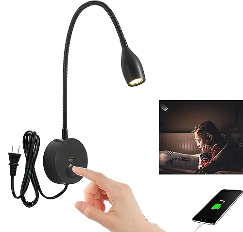 CRISETEK LED Wall Reading Light with USB Charging Port, Touch Dimmable Switch Gooseneck Bedside Lamp, Flexible Arm, 3W (Black, 120V Plug in, Warm White)