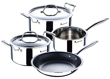 MasterPro - Batteria da cucina Triply da 6 pezzi con 2 pentole da 20 e 24 cm con coperchio, 1 pentola da 16 cm e padella da 24 cm, antiaderenti in acciaio inox con manici ergonomici, senza PFOA