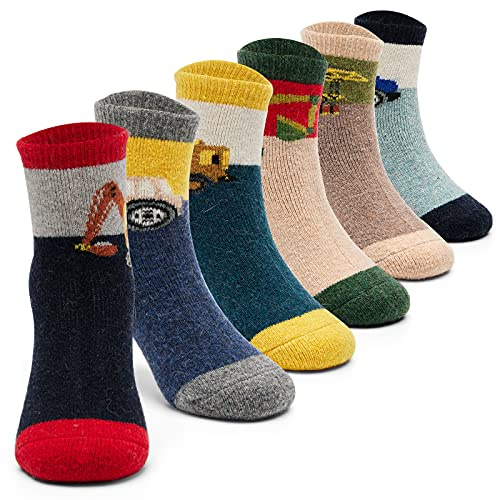 Aisyee 6 Paar Kinder Warme Wintersocken Jungen Dicke Thermo socken | bunte cartoon-motive thermosocken, weiches Wärmematerial, atmungsaktiv, bequem, ideal für Schule, Sport & Winter