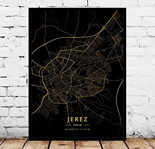 YMXCNM Jerez España Mapa De La Ciudad Cuadro sobre Lienzo Modern Black Gold Posters Artwork Unframed Pictures Prints Personalization Paintings Souvenir Gift Home Decor, 50X70Cm / 19.68X27.55 In