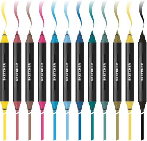 Molotow Sketcher Twinmarker Main Kit 3 (Brush Tip & 3mm Keilspitze, farbintensive Aqua Pro Tinte, schnelltrocknend, für die Anwendung auf Papier) 12 Stifte mehrfarbig