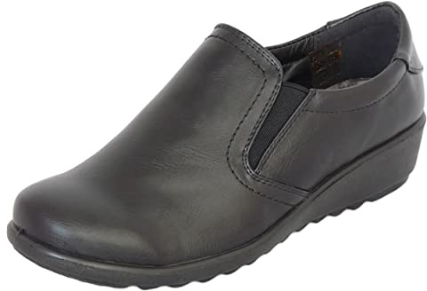 Cushion Walk EEE Wide Fit Women's Low Wedge Shoes, Black, Navy or Beige Faux Leather, Elastic Side Panels, Massage Insock – Casual or Office Comfort Footwear (6 UK, Black)