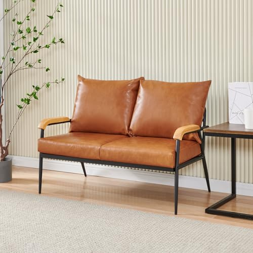 LEMROE 2 Seater Sofa Bed Leather Upholstered Loveseat Lounge Sofa Couch with Metal Frame Wood Arms Modern Relaxing Tub Sofa for Living Room Bedroom Reception Office (Light Brown, 2 Seaters)