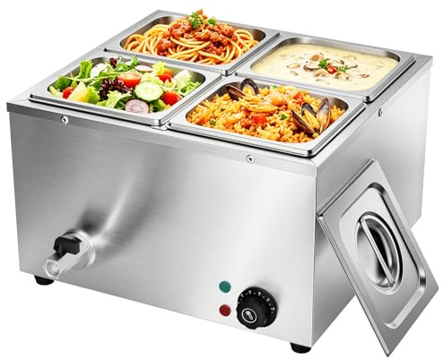 TAIMIKO Bain Marie Commercial Electric Food Warmer 1500W Stainless Steel | 1/6 GN Pans Countertop Steam Table 4 Pans,30–85°C Adjustable Temp with Drain Tap for Buffet Warmer Catering