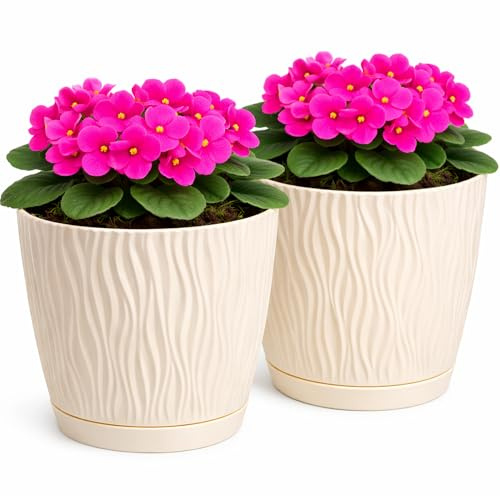 PECZEKO Matte Blumentöpfe - Deko Pflanztopf für Blumen & Kräuter - Langlebige & leichte runde Kunststoff-Pflanzentöpfe für Wohn- Esszimmer, Küche, Terrasse, Balkon - 2er-Set - (Beige, ø 19 cm)