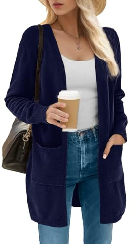 IWOLLENCE Lång stickade koftor för kvinnor damer långärmad mjuk vinter fleece tröjor cardigan med fickor, 04 Marinblå, L