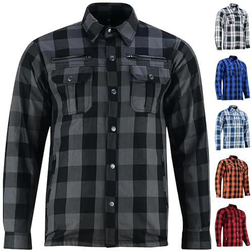 Daniel Smart Men's Motorcycle Shirt Plaid Biker Flannel Jacket Removable Sporty Armored, Zipper Closure & Water Resistant (US, Alpha, Small, Regular, Regular, Gray)