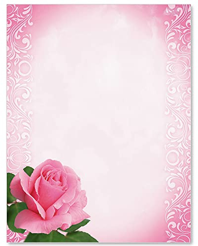PaperDirect One Pink Rose Border Paper, Pink Gradient Background with Swirl Borders and Rose Accent, 8.5 x 11, Acid-Free Stationery for Invitations, Flyers, Cards, 25 Sheets
