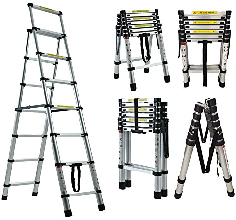 Folding Telescopic Ladder 6.6ft+7.6ft, Multipurpose Folding Aluminum Extension Ladder, Extendable Portable Loft Ladder EN131, Max Capacity 330LB