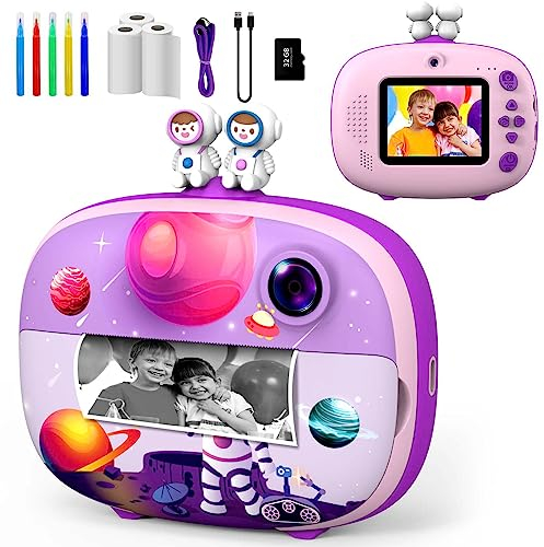 Cámara Fotos Infantil para Niños,ULEWAY Cámaras Instantánea Fotos Infantil 2.4 1080P HD con 3 Tomos Papel de Impresión Sin Tinta y Tarjeta SD 32G, Regalos para Niños y Niñas 3 a 12 Años-Rosa Púrpura