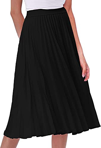 kinstell Womens Ladies Elastic High Waist Pleated Skirt A-Line Midi Swing Skirt Chic Vintage Long Skirt Black, XL