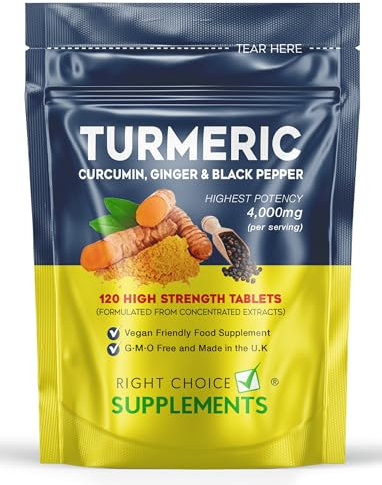 Turmeric, Ginger & Black Pepper 4000 mg Tablets (per Serving), High Strength Curcumin Supplements, Vegan and Gluten Free, UK Made, 120 Count