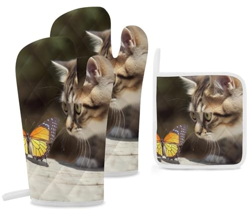 Lot de 3 gants de cuisine et maniques résistants à la chaleur de 287,8 °C - Gants de cuisine et maniques pour barbecue - Motif chat et papillon