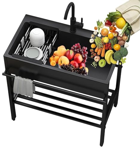 Lavello Da Cucina In Acciaio Inox,Nero,Lavandino Da Esterno,Lavabo Di Utilità,Lavatoio Da Giardino,Mobile Campeggio Lavelli Commerciale 1 Vasca,Autoportante Professionale Con Rubinetto,Per Garage (Si