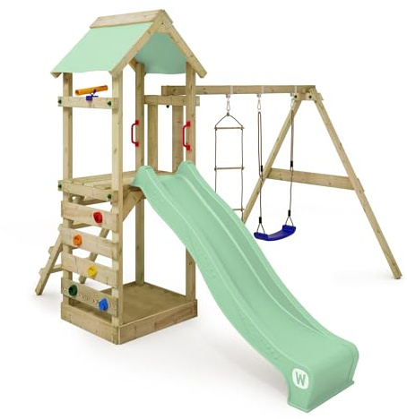 WICKEY Aire de Jeux FreeFlyer portique en Bois avec balançoire et Toboggan, Tour d'escalade pour Enfants avec bac à Sable, échelle et Accessoires de Jeu pour Le Jardin - Vert Pastel