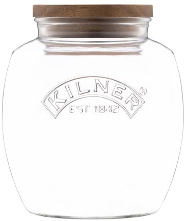 Kilner Universal Jar Wooden Lid 2 Litre Glass Food Container With Silicone Seals Kitchen Pantry Storage For Dry Food Like Grains, Pasta And Cereals