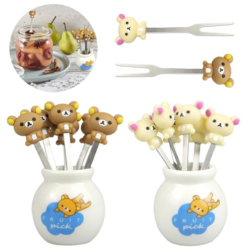 suaywo 12 Stück Mini Cartoon Bento Obstgabeln Tiere Food Picks Edelstahl Wiederverwendbar Obstgabeln Salatgabeln Picker mit Silikongriffen und Keramik Vorratsdosen, für Geburtstagsfeier, Geschenk