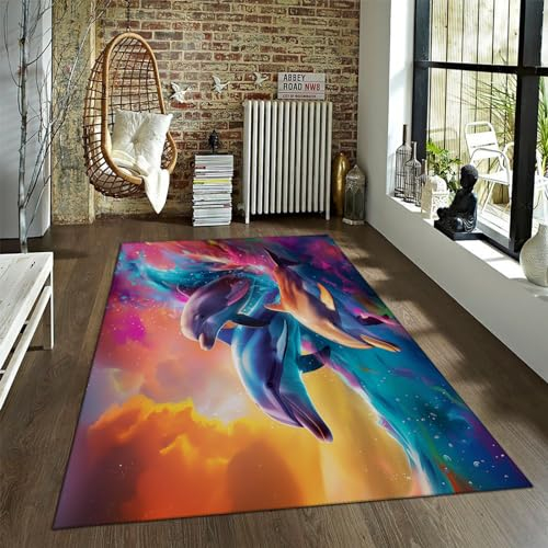 Cartoon Tiere Bereich Teppich Niedliche Delfine Rutschfester Teppich für Wohnzimmer Runner Bunte Malerei Waschbare Teppiche für Esszimmer Eingangsbereich 150x250cm