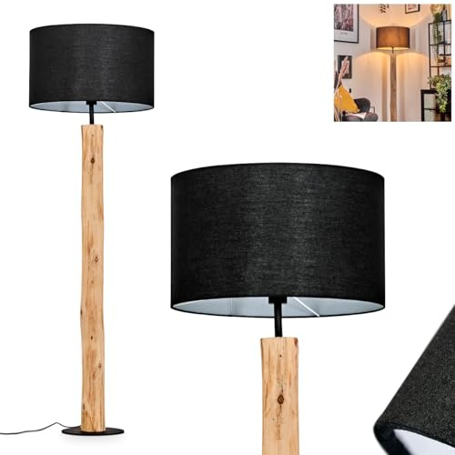 Lampadaire Flemming, lampadaire en bois/métal, tissu naturel/noir/blanc, lampe de style scandinave avec abat-jour rond (Ø 50 cm) et interrupteur au pied, hauteur 159 cm, 1 x E27, sans ampoule