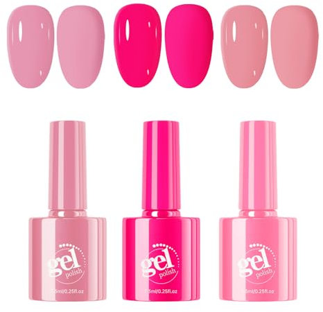 Gel Nail Polish Set, 3 PCS Light & Hot Pink Nail Varnish Set, UV Gel Nail Polishes, UV LED Soak Off Nail Polish Sets, Long Lasting Chip Resistant Nail Art Salon DIY Home, Gift for Women & Girls