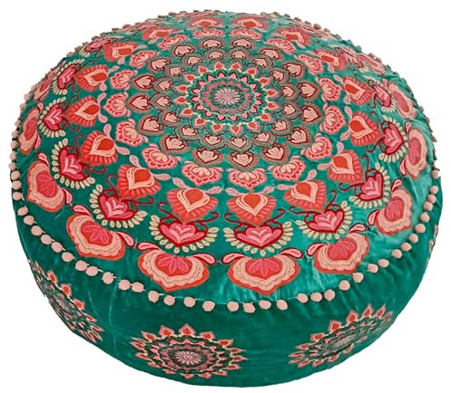 Türkis Runder Pouf Ottomane Bezug mit Samtstickerei – weicher, bestickter Bodenkissen mit marokkanischem Design, 60cm Durchmesser, ideal für Wohnzimmer, Schlafzimmer oder Meditationsraum