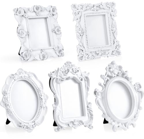 Maitys 5 Pcs Mini Picture Vintage Frames Tiny Antique Photo Baroque Ornate Resin Oval Frame Table Top Display Home Wedding Decor (White)