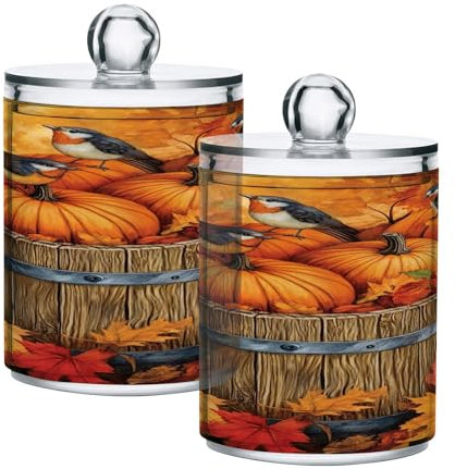 GAIREG Qtip Halter Spender Herbst Vögel Blätter Kürbisse Apothekergläser Badezimmer Schminktisch Organizer 2 Stück