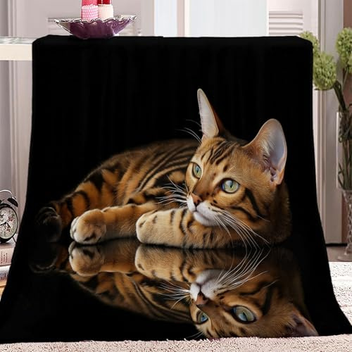 Kuscheldecke Bengalkatze Nahaufnahme Tier Muster, 150 x 200 cm weich warm Fleecedecke für Bett Stuhl Auto Sofa Couch Schlafzimmer, Schwarz Bedruckte dekorative Decken