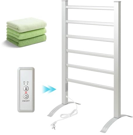 Todeco Scaldasalviette Termoarredo Bagno con Timer, 2in1 da Terra e Parete Asciuga Asciugamani Elettrico, Asciugabiancheria Portasciugamani, Compatto e Versatile, 6 Barres