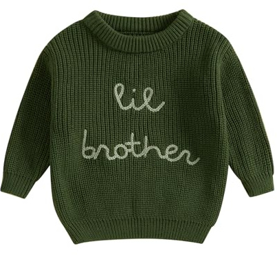 Xeadoffubio Pull en tricot pour bébé garçon Automne Hiver Lil Brother Pull en tricot à manches longues Col rond Lettres brodées Little Brother Pull en tricot côtelé, vert, 0-3 mois