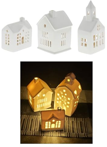 3 Stück Keramik Teelicht Häuschen Teelichthaus Weihnachtsdeko Winter Dekoration