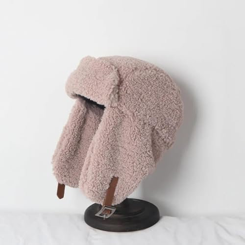 YUECIBAI Fliegermützen Damen Verdickte Warme Kappen Mode Ohrklappen Pilot Hut Herren Trend Bomber Hut Verstellbar 57-60Cm Tender Pink