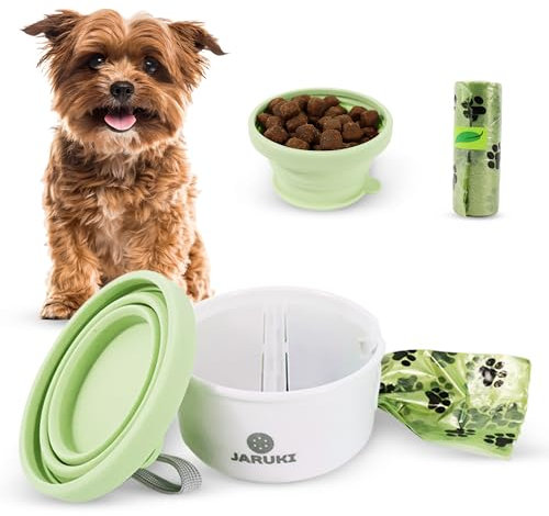 JARUKI® Comedero Bebedero Perro Portátil + Rollo Bolsas| Cuenco Plegable Perro con Doble Compartimento y Cuerda para Colgar | Ideal para Viajes y Paseos | Silicona Fácil de Limpiar (Verde)