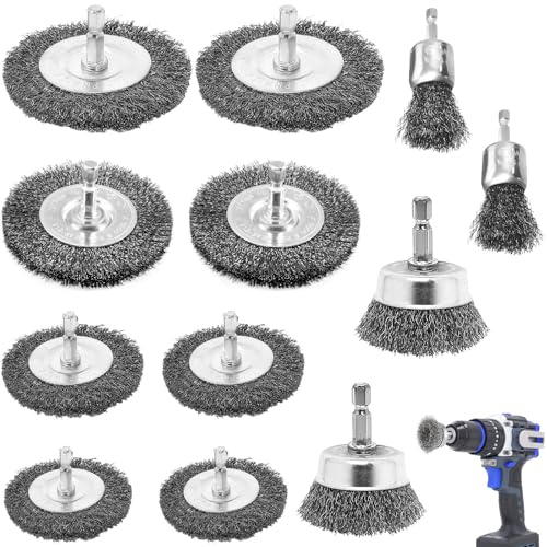 12 Piezas Cepillos Alambre Acero con Cerdas Onduladas & Vástago, Cepillos Metálico para Metales Piedra Eliminación, Cepillo Disco Taladro Para Quitar Oxido & Eliminar Pintura & Iimpiar
