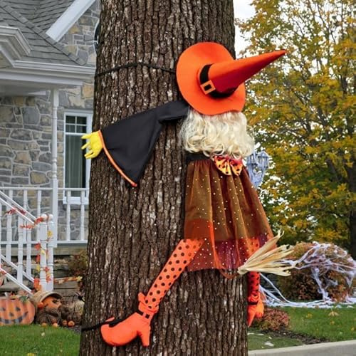 53 Orange Crashing Witch into Tree Halloween Decorations Outdoor