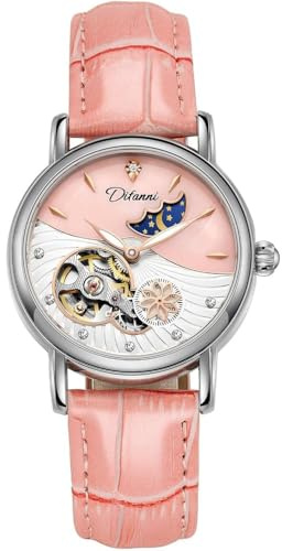 Alantop Montre mécanique automatique pour femme, en acier inoxydable, cadran avec phases lunaires, bracelet en cuir, étanche, montre-bracelet, rose, bracelet