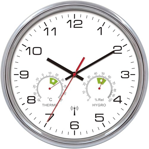 VIVILINEN Radio-Controlled Wall Clock with Thermometer Hygrometer Silent Wall Clock Without Ticking Noises Radio Wall Clock Silent Non-Ticking Hanging Clock for Living Room Bedroom Office Kitchen