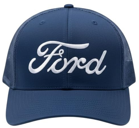 Ford Large Script Chino Twill Navy Blue Mesh Snapback Trucker Hat | Baseball Cap for Men | Officially Licensed Ford Motor Company Merchandise