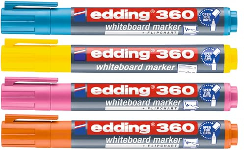 edding 360 Whiteboardmarker - bunte Farben - 4 Whiteboard Stifte - Rundspitze 1,5-3 mm - Boardmarker abwischbar (Farbmix Edition, 4er Set)