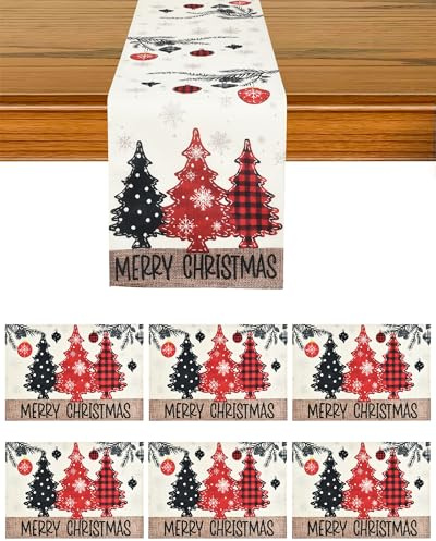 VITEVER 7er-Pack Weihnachts-Tischläufer-Platzsets – Weihnachtskugeln- und Tannenbaum-Muster für Feiertage, Zuhause, Küche, Kaminsims, Esstischdekoration, Winter-Weihnachtsfeier-Zubehör