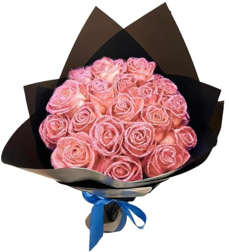 Glitzer-Rosenstrauß, 1 Set, realistisches künstliches Rosenstrauß-Set, enthält 12 Blumen, 12 Stiele, 2 Geschenkpapier und 2 Bänder, romantische ewige Blumen für Hochzeit, Valentinstag für Party