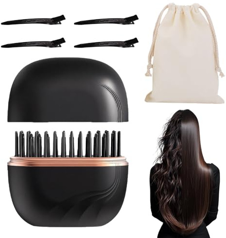 Mini Hair Straightener, Glam Brush Mini Straightener, 2 in 1 Portable Cordless Hair Straightener 30s Fast Heating Hot Comb 3-Speed Temperature Control USB Styling Brush for Travel Home (Black)