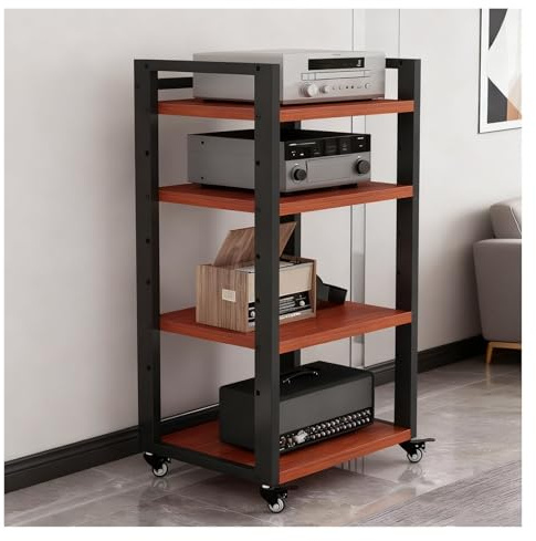 4-Tier AV Media Stand, HiFi Rack with Wheels, Wooden Shelves Adjustable, Sturdy Audio Component Rack Stereo Cabinet for Home/Office/Theater(Teak,50x40x100cm)